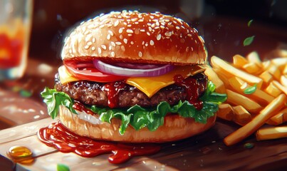 image of yummy burger with grilled meat topped with vegetables tomatoes ketchup sliced onions cheese fresh lettuce and soft buns placed on board with fries