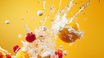 Juicy fruits and milk splash collision on vivid yellow backdrop