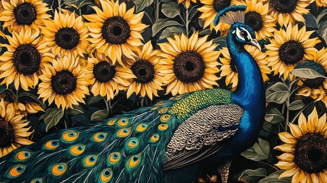 A vibrant peacock surrounded by a profusion of sunflowers.