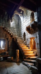 Obraz premium Stone stairway ascends in an old medieval interior illuminated by bright light through openings in castle walls and ceiling