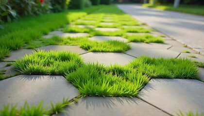 Fototapeta premium Permeable concrete pavers with green grass growing between honeycomb-shaped tiles created with generative ai