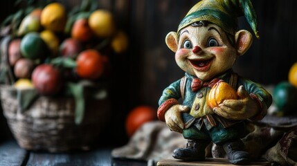 Happy ceramic gnome figurine surrounded by fruit