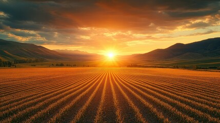 Golden sunset over a field of crops. Mountain range in background