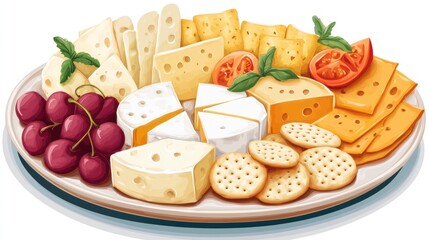 Cheese and cracker platter with grapes and tomatoes.  Food photography for menus