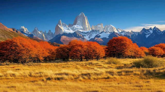 A beautiful mountain range with a large volcano in the background. The mountains are covered in snow and the trees are orange. The sky is clear and the sun is shining brightly. The scene is peaceful
