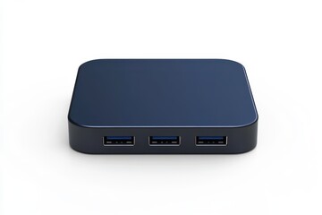Close up view of a blue usb hub on a white surface alone