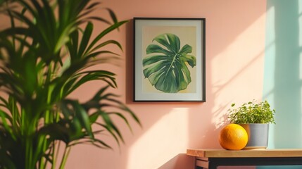 Obraz premium Modern minimal interior with green plants and tropical framed art