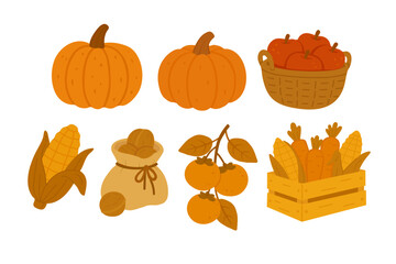 Vector doodle collection of fall harvest fruits and vegetables in warm seasonal colors.