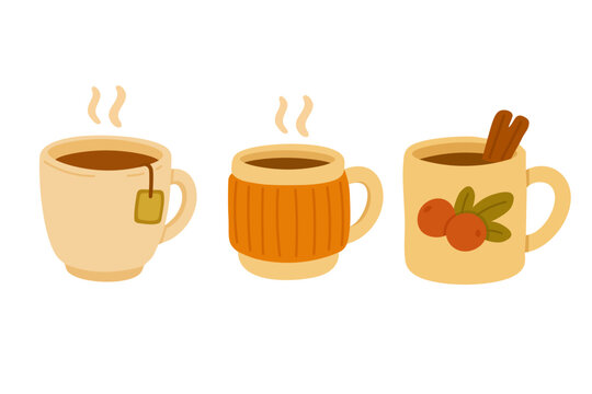 Three cozy autumn mugs with hot drinks in warm colors for seasonal design and decor.