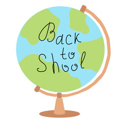 Back to school inscription on school globe. Flat hand drawn illustration.