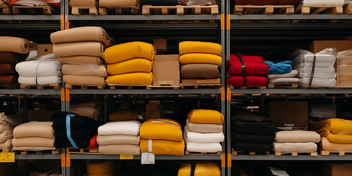 Warehouse shelving showcases neatly stacked textiles, creating a sense of order and preparedness for distribution and efficient storage.