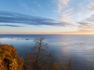 Scenic view from a high cliff overlooking the calm Baltic Sea during a beautiful sunrise in Estonia's stunning coastal nature.