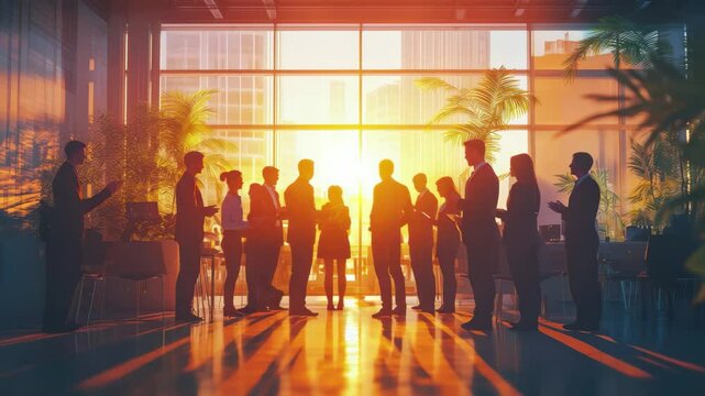 A group of people are standing in a room with a large window. The sun is shining through the window, casting a warm glow on the people. Scene is one of camaraderie and social interaction