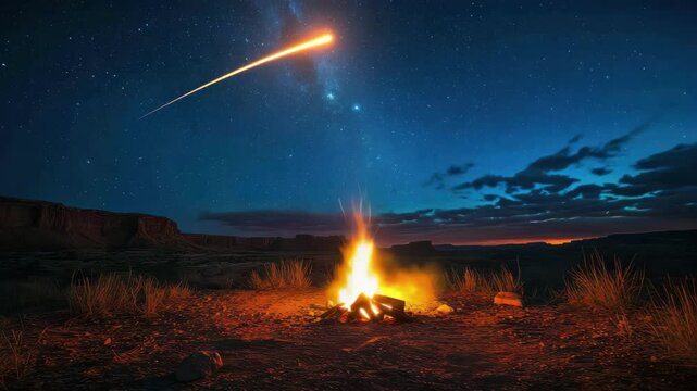 A fire is burning in the middle of a desert at night. The sky is filled with stars and a shooting star can be seen