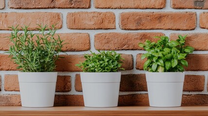 Holistic healing with mindfulness herbal idea. Three potted herbal plants against a brick wall background.