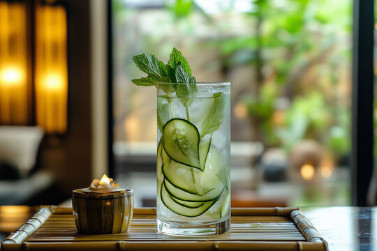 Refreshing cucumber mint cooler served in a tall glass with thin cucumber slices. Light and hydrating summer beverage with a fresh herbal twist.