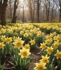 Fototapeta premium Abundant daffodils bathed in sunlight, cheerful springtime scene, daffodil, sunshine