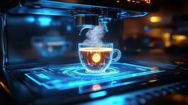 A coffee machine is shown with a cup of coffee in it. The coffee is steaming and the cup is filled with a small amount of coffee. The image has a futuristic feel to it, with the coffee machine