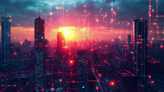 A cityscape with a red sun in the sky. The city is lit up with a neon glow