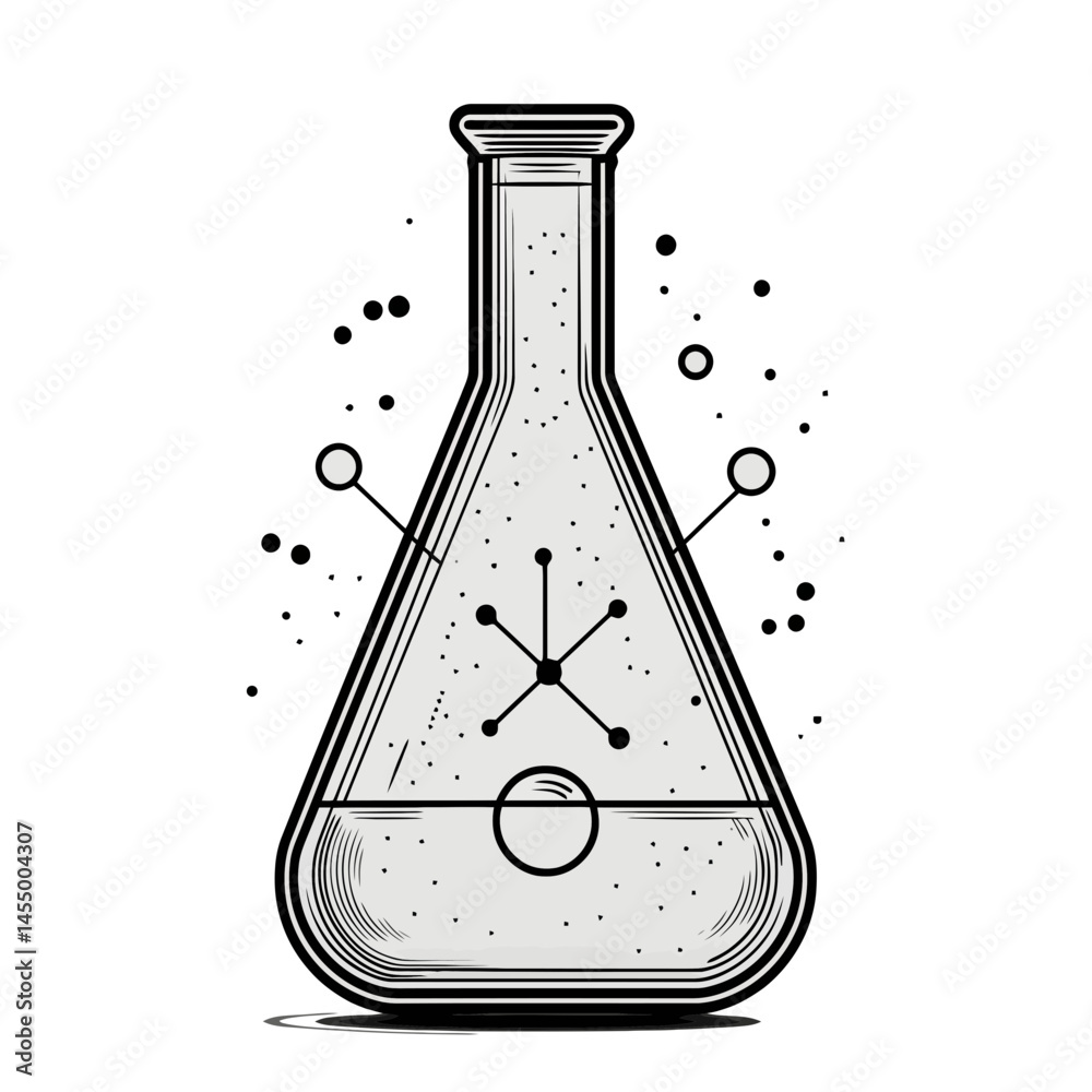 Poster minimalist 2d erlenmeyer flask icon with tech-inspired design showcasing scientific elements and lab
