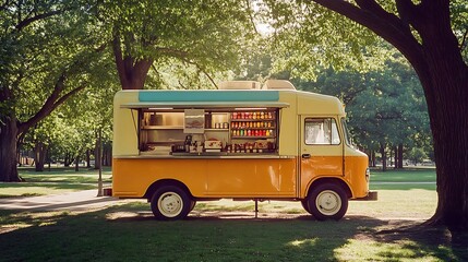 Outdoor food truck parked beneath a tree canopy.