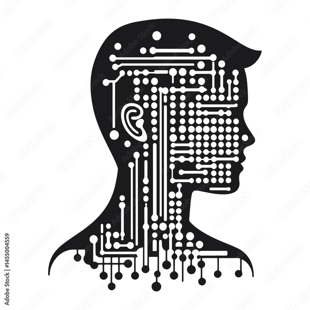 Poster minimalist programmer icon design featuring a tech-inspired line art representation of a human silho