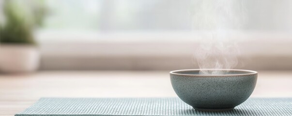 Holistic healing with mindfulness herbal idea. Bowl of steaming herbal oil on a textured yoga mat.