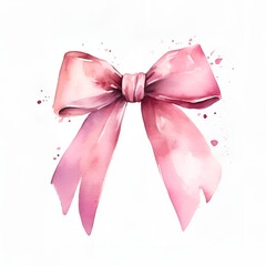 Pink shiny bow with a knot. Watercolor illustration.