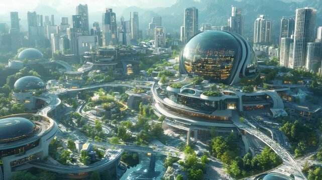 A futuristic city with a dome in the middle. The dome is surrounded by buildings and trees. The city is full of life and energy