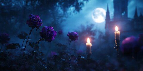 Mystical Moonlight: Dark Purple Flowers, Candles, and Castle