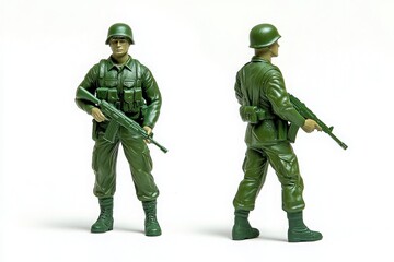A green plastic soldier figurine shows two distinct poses, one holding a rifle and the other facing sideways. The figure features a helmet and military uniform, ideal for imaginative play scenarios.