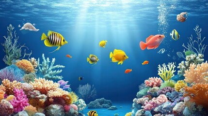 Colorful fish swim in a vibrant coral reef, sunlight streams from above
