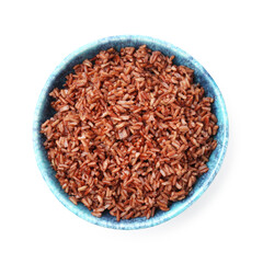 Delicious brown rice in bowl isolated on white, top view
