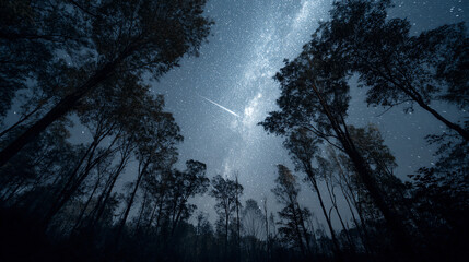 Night sky view through trees with milky way and meteor shower in the distance