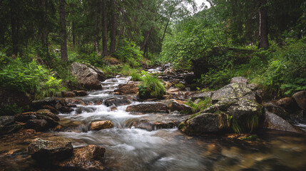Obraz premium A scenic view of a stream flowing through a forest with rocks and vegetation