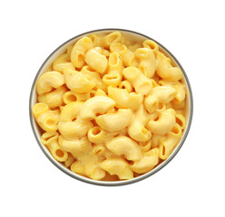 Delicious macaroni and cheese isolated on white, top view