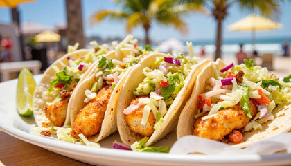 Fresh fish tacos on beachside platter under bright sunlight, summer delight