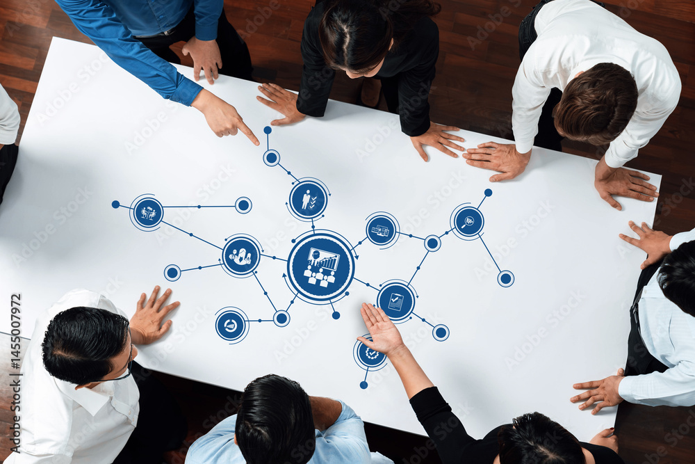 Poster a diverse business team convenes around a table, actively collaborating on strategic management conc