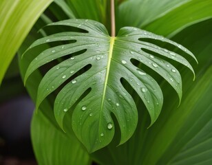 Obraz premium Dramatic closeup of a monstera leaf with water droplets, in a lush setting