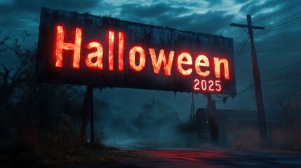 Neon halloween sign marks the year 2025 in a spooky roadside scene.