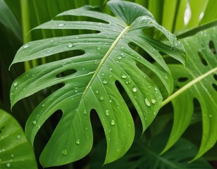 Obraz premium Vibrant monstera leaf adorned with water droplets displaying freshness