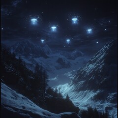Nighttime mountain landscape, ethereal glowing UFOs hover above.  Snowy peaks and valleys stretch into the starry night