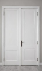 Stylish white wooden doors in different positions  Clean backdrop, perfect for design ,  room,  contemporary