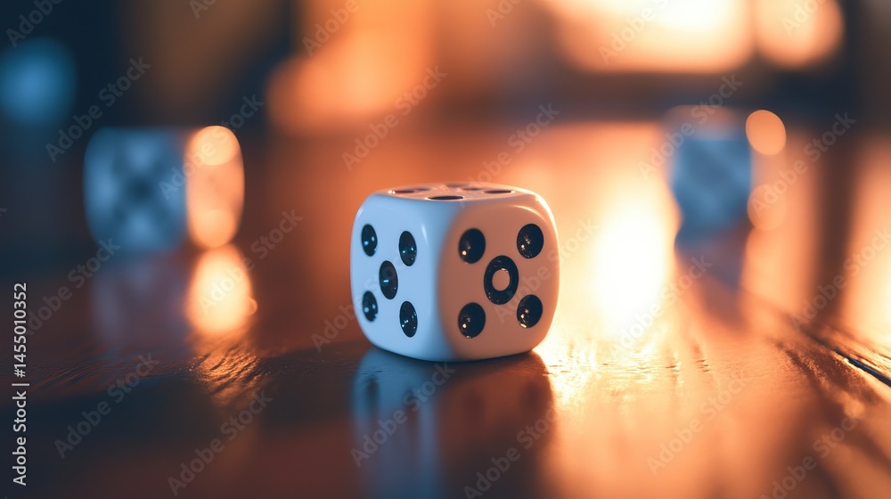 Fototapete a macro shot of a die prominently displaying the number six, with four other dice softly blurred in 