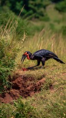 Naklejka premium Ground hornbill bird forages for food near a burrow on a grassy hillside in Africa