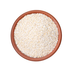 Superfood product. Oat powder in bowl isolated on white, top view