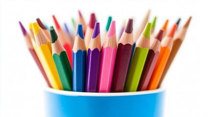 Fototapeta premium Vibrant Color Pencils in Cup on White Background for Creative Projects