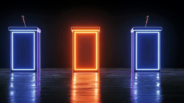 Illuminated debate podiums in a dark setting