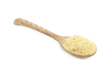 Superfood. Mustard powder in spoon isolated on white