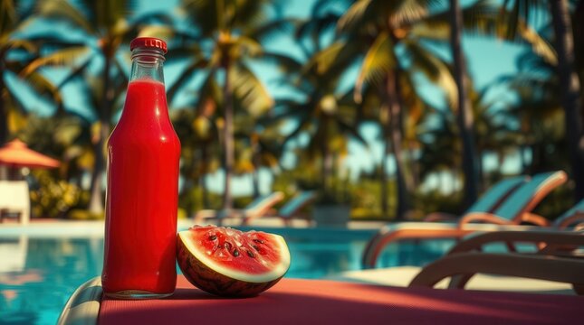 Refreshing red drink and watermelon on a tropical summer vacation near a pool in sunny weather.